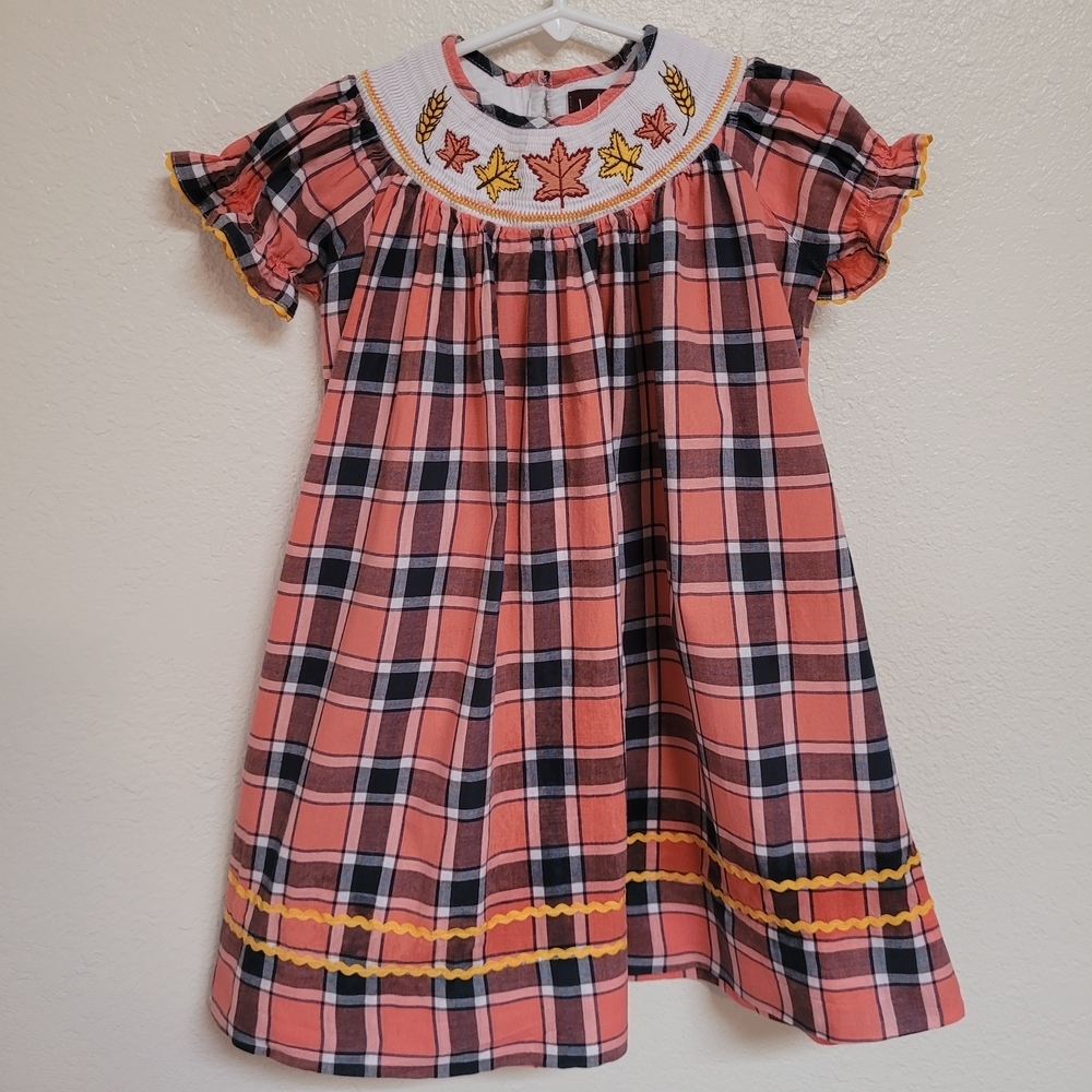 Lil Cactus Charming Plaid Dress with Embroidered Leaves